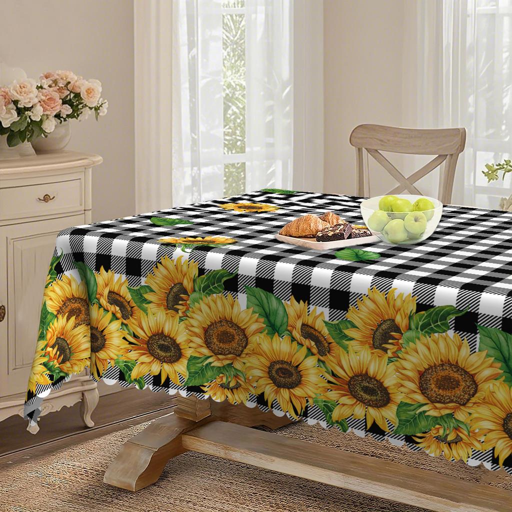 Vintage Sunflower Checkered Rectangular Tablecloth | Rustic Pastoral Round Table Cloth For Picnic Parties.