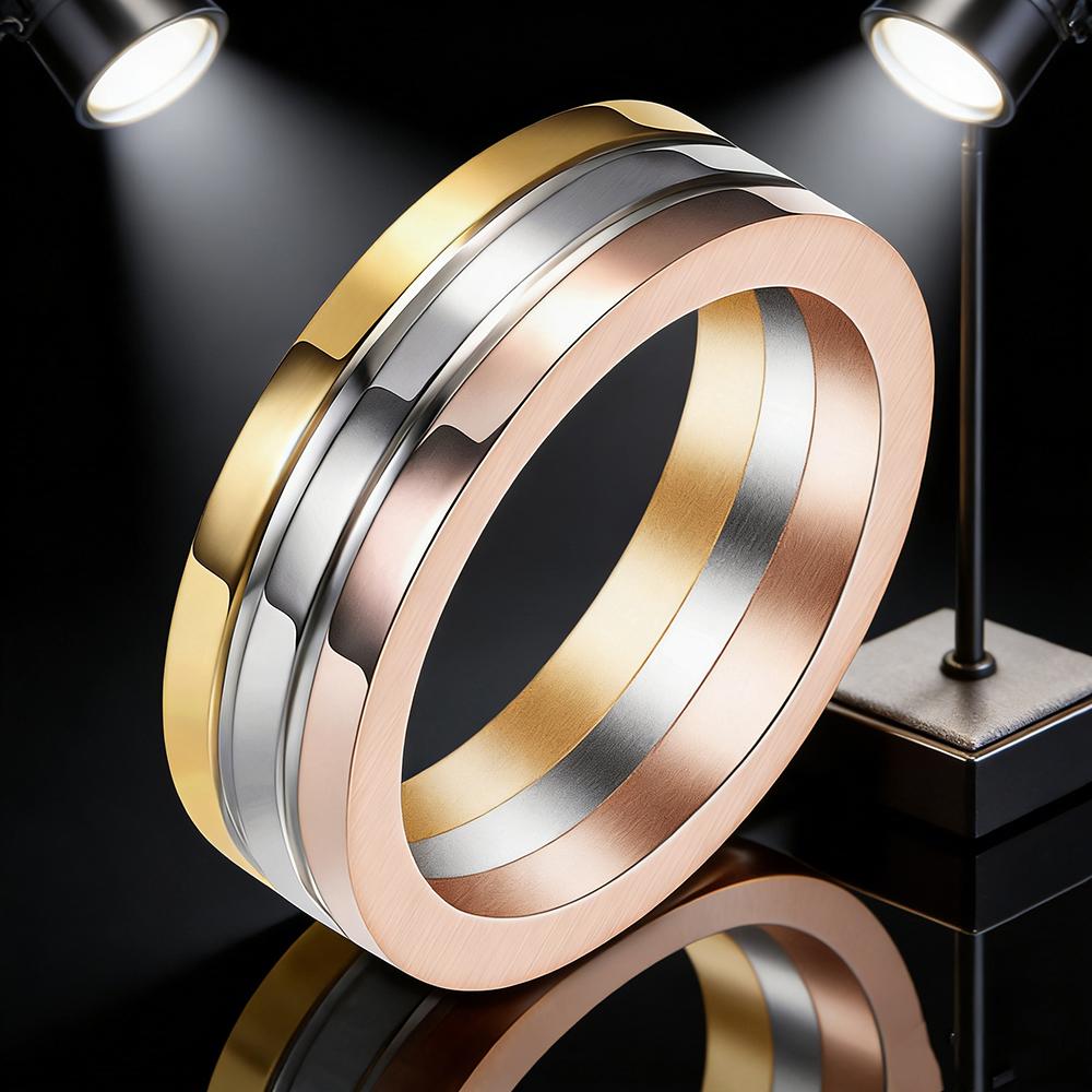 Classic 3-Color Gold Silver Rose Gold Stainless Steel Ring for Men Women, Fashion Wedding Band Couple Ring, Durable Titanium Ste