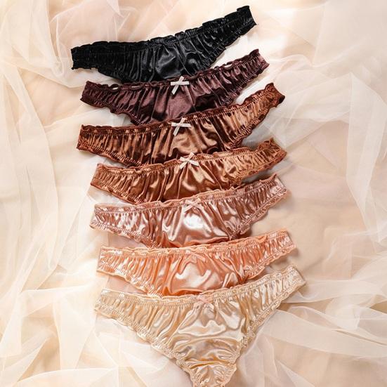 Satin-Tanga für Damen Sexy Niedrige Taille Niedliche Rüschenbesatz Höschen Glatter Seidiger G-String T-Rücken Unterwäsche