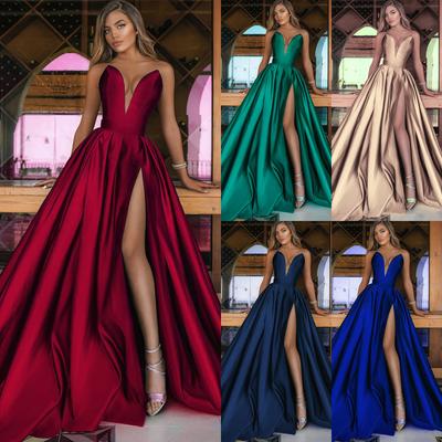 Women's Sexy Sleeveless Deep V - Neck Slit Dress Solid Color Large Hem Ideal for Wedding Bridesmaid Long Gowns with High Slit for Special Occasions