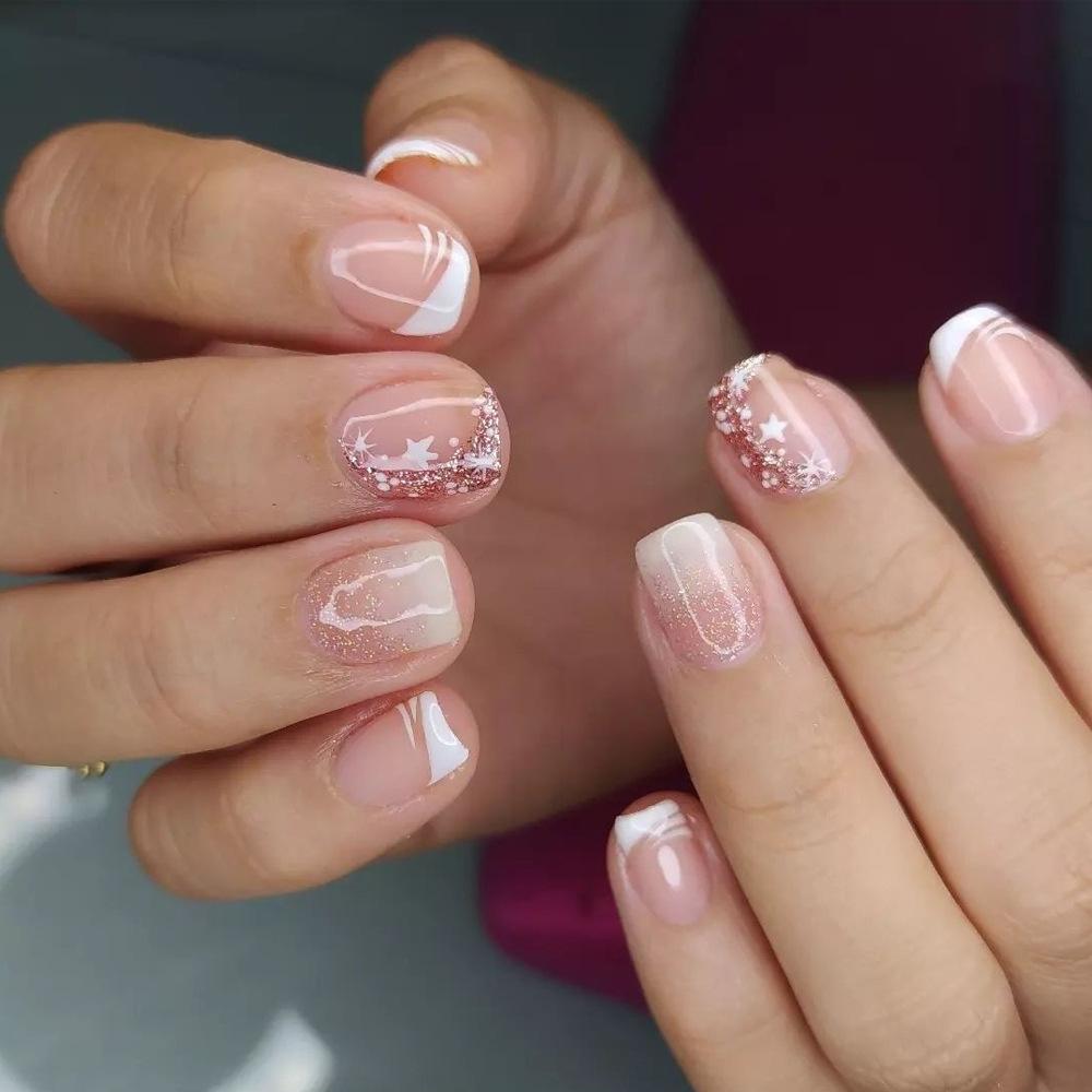 24Pcs Short French Tip False Nails Shimmer Ballet Nail Art Full Cover Sheer Press On Manicure Tips For Girls Daily Wear