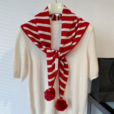 Wool Triangle Scarf Fashion Versatile Knitted Solid Color Stripes Soft Ball Shawl Scarf For Women Winter Warm Scarves