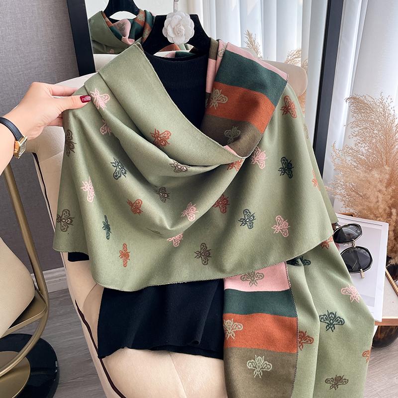 Nová módní včelí vzor Dámská žakárová pašmínová kašmírová šála Zimní tlustá hřejivá oboustranná přikrývka s kontrastní barvou