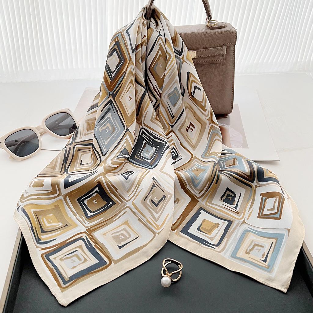 Literary Geometric Square Color Matching Trend Printing Small Square Scarf Temperament Multi-Functional Shawl Foreign Style Silk Scarf