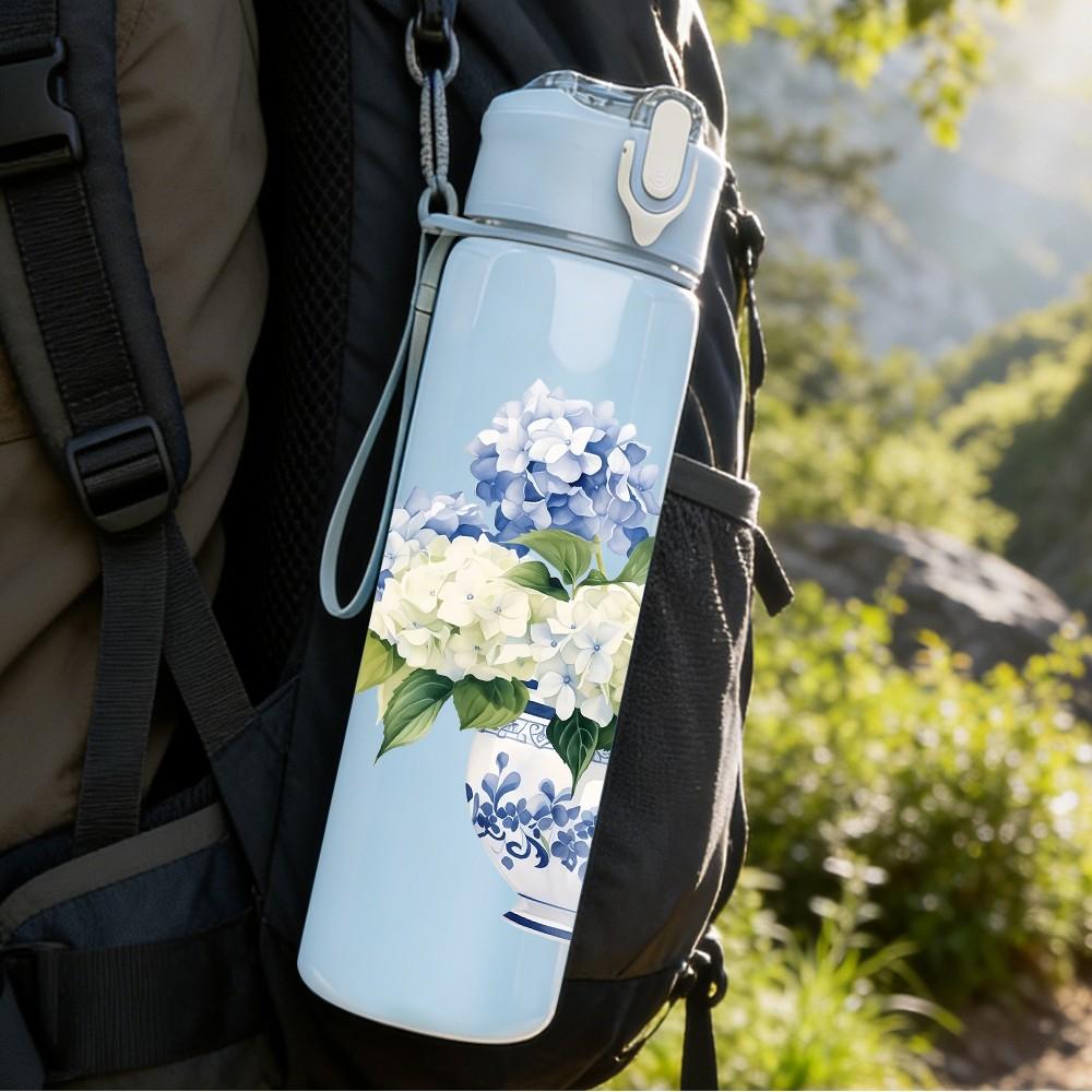 1PC White Floral Vase Vintage Pattern 750ml Color Plastic Sports Water Bottle Leakproof Flip Straw Lid Suitable for Sports Office Home Use