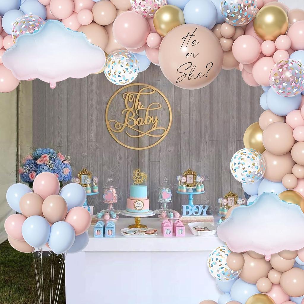 Amandir 185Pcs Gender Reveal Decorations, Double-Stuffed Pastel Pink and Blue Brown Nude Balloon Arch Kit White Cloud Hanging Moon Star Garland Boho