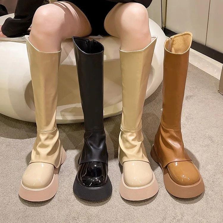 Womens Round Toe Platform Knee Thigh Boots Chunky High Heel Wide Tube Pull On Shoes Retro Chelsea Western New  Winter