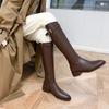 Fashion Vintage Warm Plush Women Knee High Boots Fashion Belt Buckle Shoes Autumn Winter Pointed Low Heel Women's Knight Long Booties