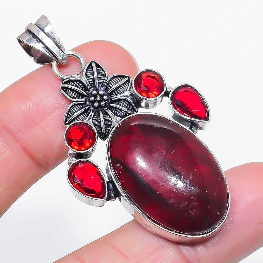 Natural Red Labradorite, Garnet 925 Sterling Silver Jewelry Pendant 2.17" Z7l98