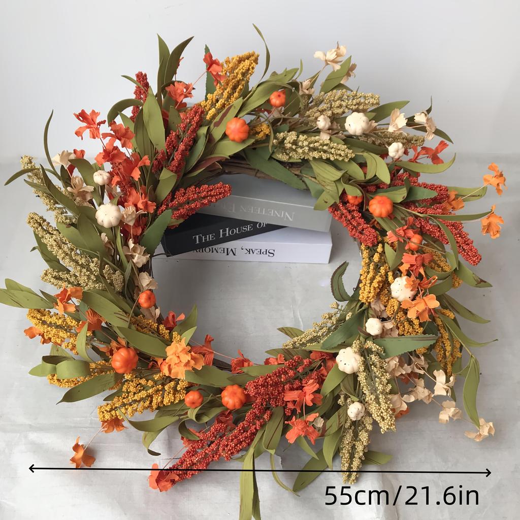 21.65-Inch Large Handmade-Style Autumn Wreath with Orange & Yellow Artificial Wheat, Pineapples, Chrysanthemums