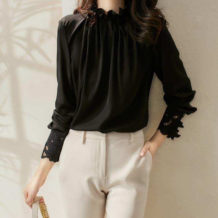 Spring Long Sleeve Shirt Elegant Style Elastic Ear Collar Loose French Shirt Top for Women