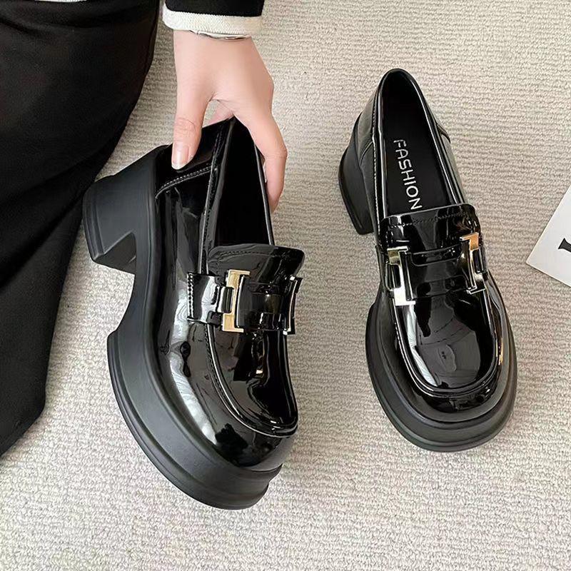 High-heeled platform loafers 2025 spring and autumn new small height-increasing single shoes British style one-pedal small leather shoes women