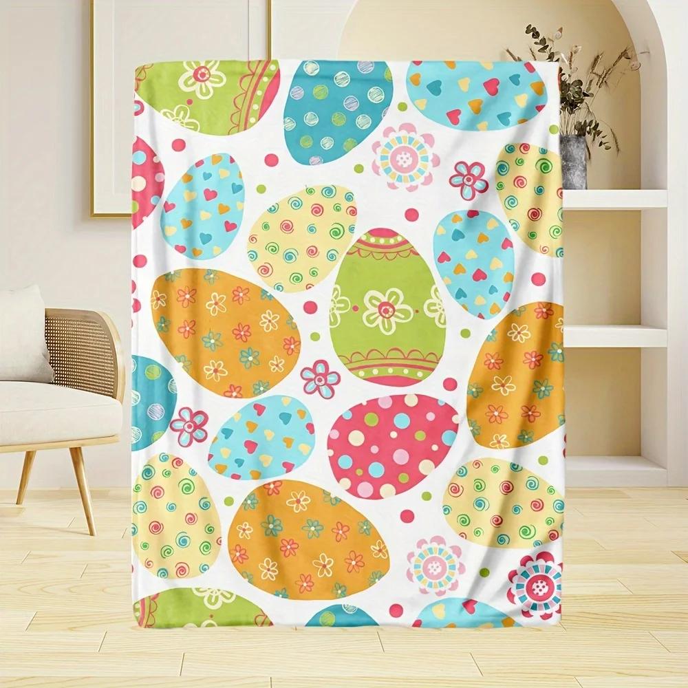 [Holiday Joy]Colorful Easter Egg and Floral Pattern Blanket- Comfortable Flannel Blanket, Suitable for Sofa, Bed, or Gift, Perfe