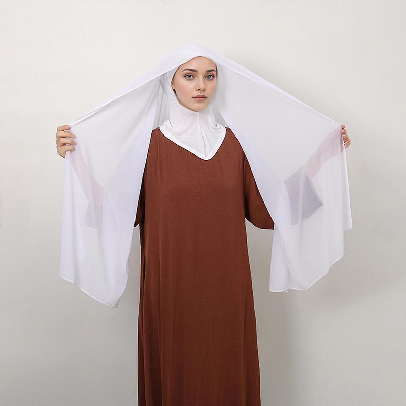 Ramadan Instant Hijab Set Long Neck Cap With Chiffon Scarf Solid Bonnet Hat And Scarf Combo Muslim Woman Hijab Shawl Wrap Turban