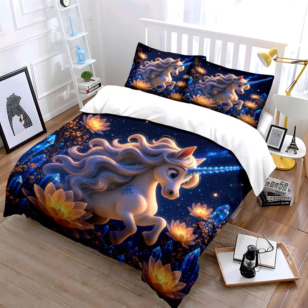 Enchanted Unicorn with Glowing Lotuses Bedding Set for Kids Luxury Gift 3pcs Digital Print Comforter Set Soft Comfortable