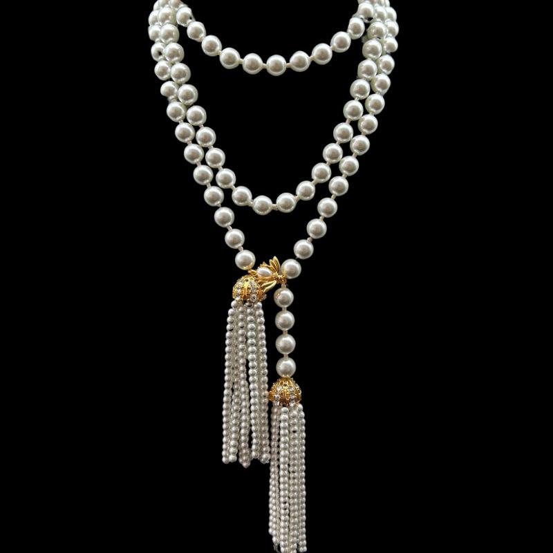 Vintage French Pearl Tassel High-end Temperament Elegant Bee Buckle Necklace Sweater Chain Waist