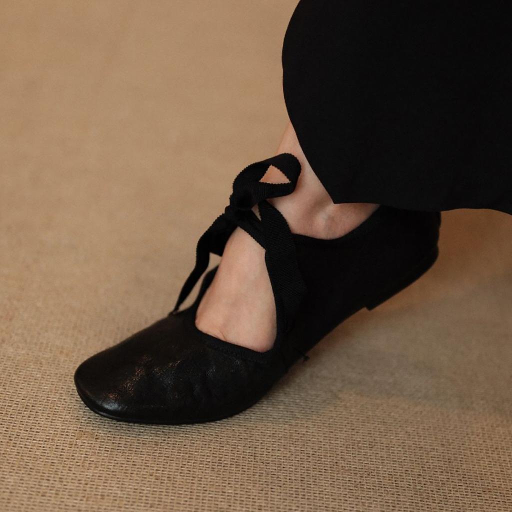 Schafsleder-Version~ Retro runde Spitze kontrastfarbene flache Ballerinas zum Schnüren französische leichte Mund Einzel-Schuhe vielseitige Mary Jane Schuhe