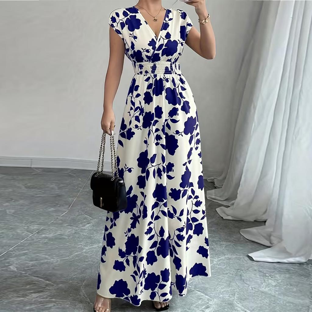 Women's Summer Fashionable Floral Print V-neck Long Dress, Summer Waist Cinching Dress