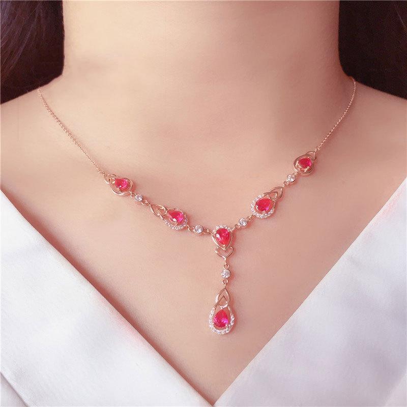 Color Gold Inlaid Redstone Water Drop Plated Rose Gold Necklace Women'S Exquisite Purple Gold Collarbone Chain