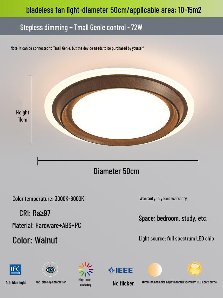 Modern Minimalist Solid Wood Leafless Fan Light - Silent Integrated Ceiling Light for Bedroom and Restaurant