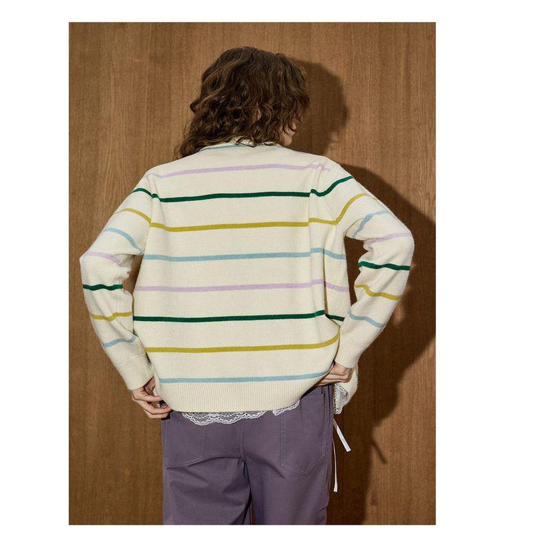 Coolhut2025 Autum Stripesd Pure Color Design Round Neck Knitted Cardigan Sweater Jacket