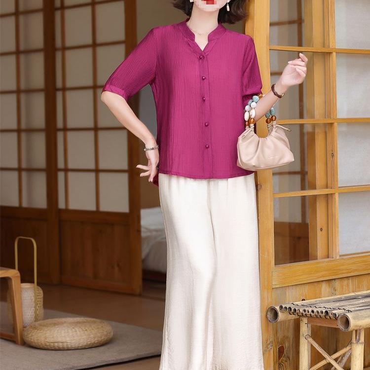 Summer Two-Piece Set: Elegant Short-Sleeved Top & Bottoms for Middle-Aged and Elderly Mothers