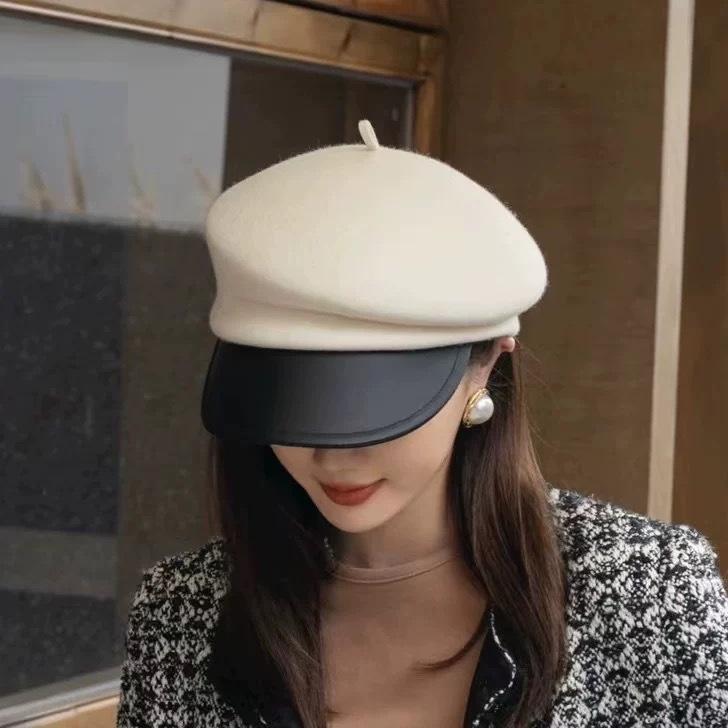 French Elegant Wool and Leather Octagonal Hat Women's Autumn and Winter Trendy Versatile Little Painter's Hat  Newsboy Hat