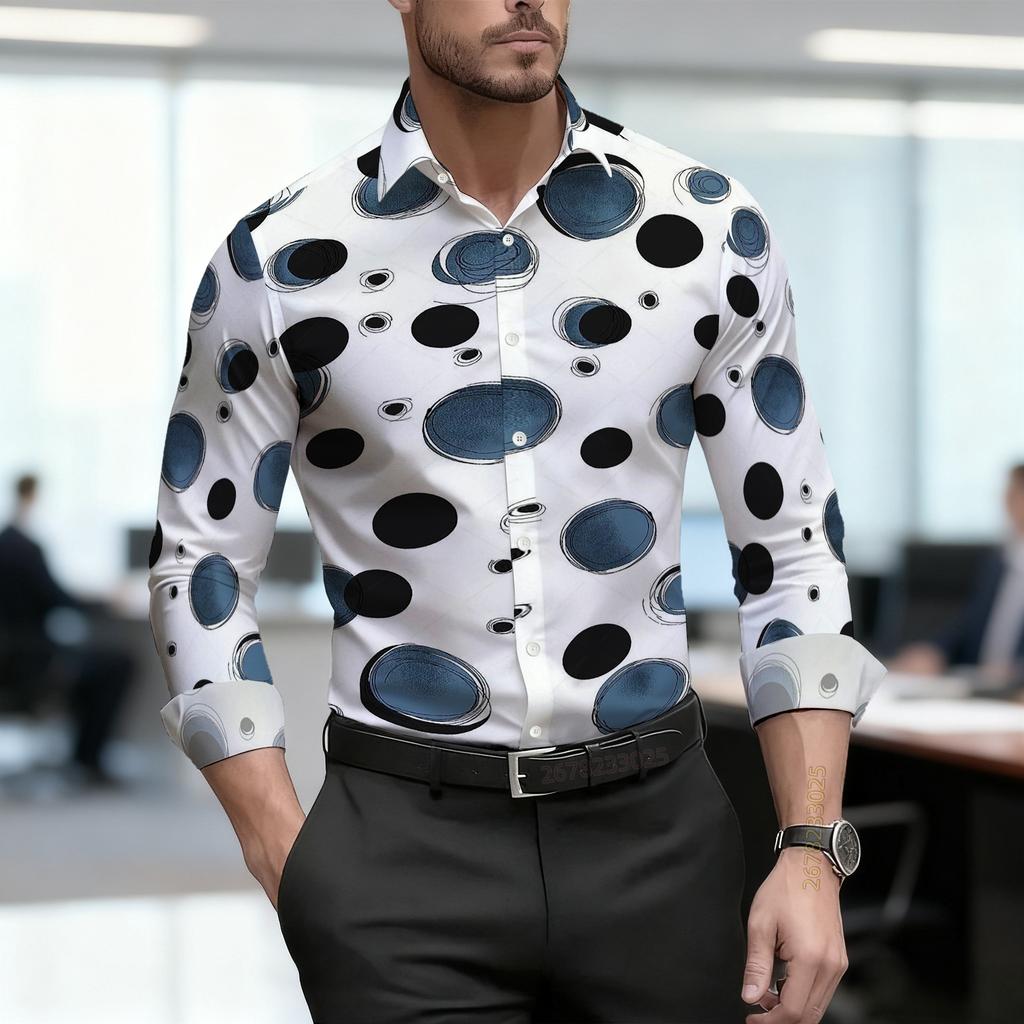 Camicia da uomo 2026, nuova, a pois bianchi e neri, a maniche lunghe, da lavoro, vestibilità slim, alla moda, casual, tessuto di alta qualità