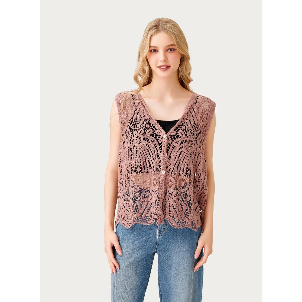 DIMANAF 2026 New T-Shirt Knitting Lace Vest Women Buttons O-Neck Hollow Summer Style Basic Tops Tees Loose Clothing