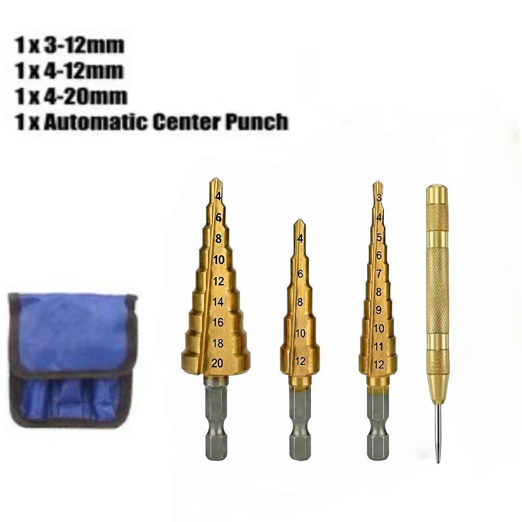 Three-Piece Titanium Step Drill Bit Set for Woodworking