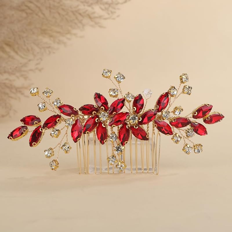Red Rhinestones Side Headpiece for Women Handmade Hair Comb with Crystal Handmade Long Hair Accessories (Red)