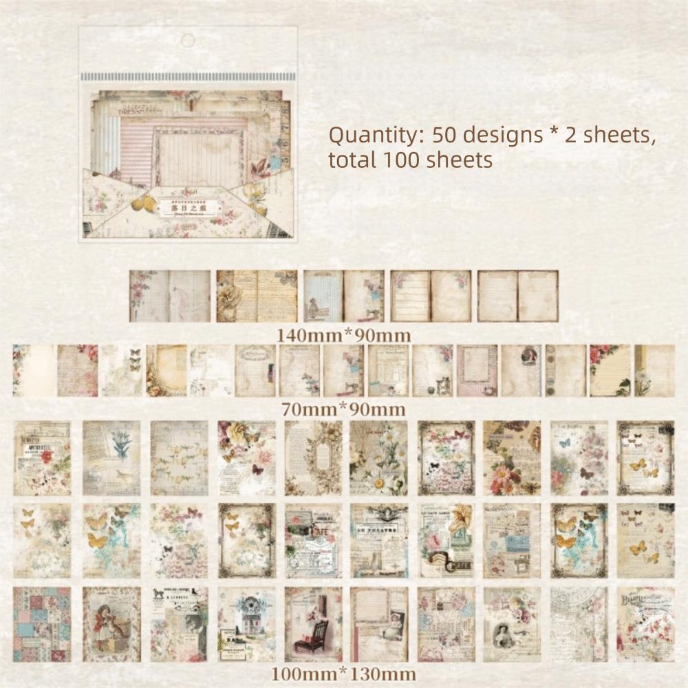100Sheets Ephemera Scrapbook Paper Retro Scrapbooking Paper Set Vintage Paper Pack DIY Art Crafts