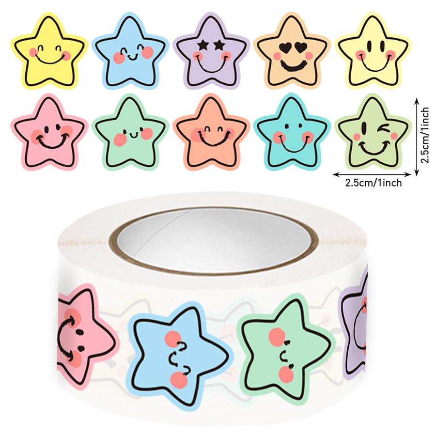 500 Pcs Colorful Star Expression Stickers Roll - Pastel Aesthetic Star-Shaped Labels with Cheerful Design, Self-Adhesive