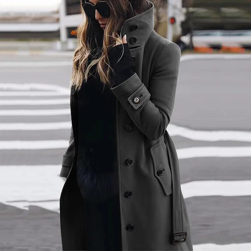 Damen Wollmischung Mantel mit Stehkragen Langarm Slim Fit Einreihig Mittellang Winter Oberbekleidung