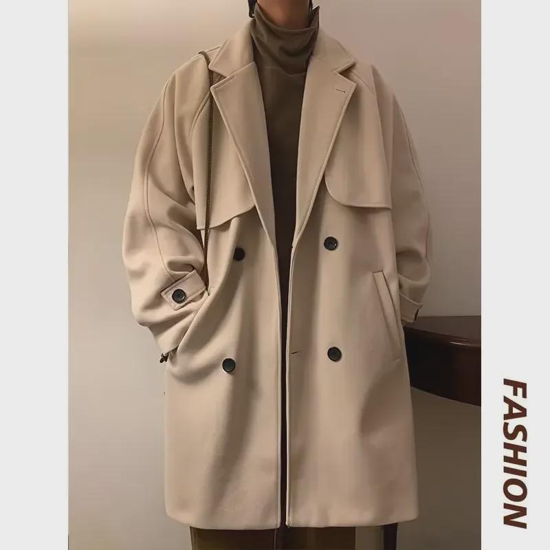 2024 Men's Double-Breasted Woolen Windbreaker: Mid-Length Loose Fit for Autumn/Winter