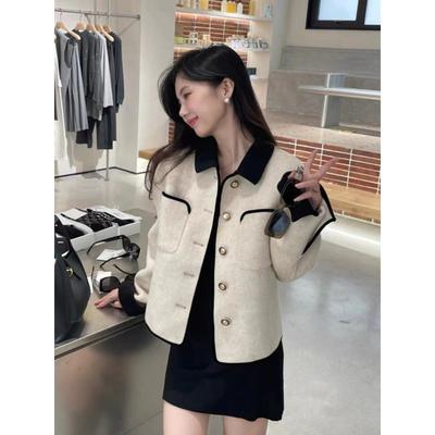 New Small Fragrance Style Short Doll Neck Contrast Color Celebrity Fashionable Temperament Commuting Single-breasted Woolen Coat for Women