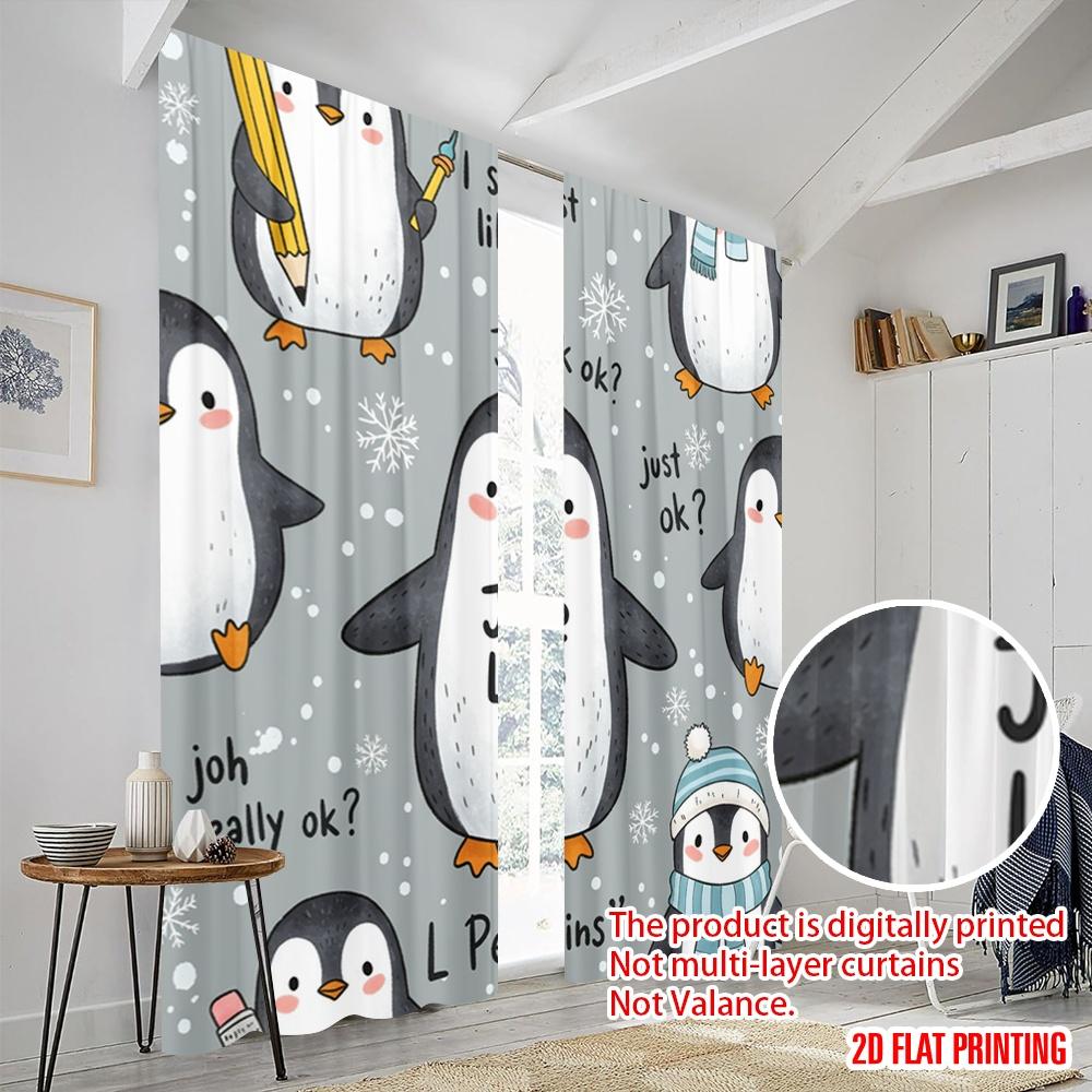 2pcs 2D Flat Printing Curtain Penguins Like Snowflakes Gift Polyester Without Electricity Festive Curtains Perfect for Indoor
