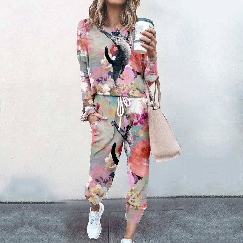 High-End Fashion Sports Sweater Set Women'S Autumn Loose Casual Long-Sleeved Printed Top Bundle Leg Pants Two-Piece Set