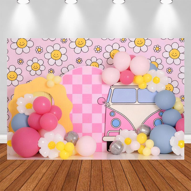 LS Spring Daisy Bus Backdrops Kids Baby Photography Props Child Adult Photocall Decors Flower Cake Smash Birthday Backgrounds