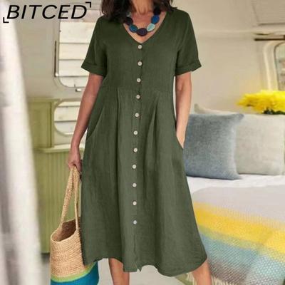 Women Summer Casual Cotton V-Neck Short Sleeve Button Dress
