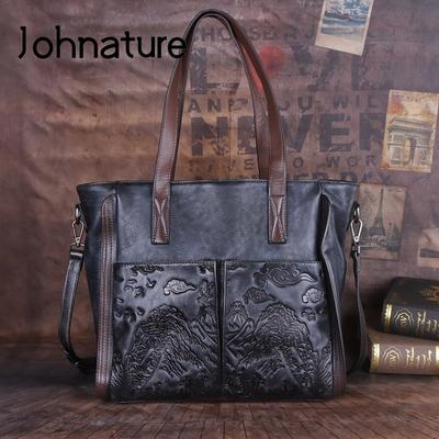 Retro Genuine Leather Female Bag Large Capacity Casual Tote Handmade Embossed Women Handbag Shoulder Bags