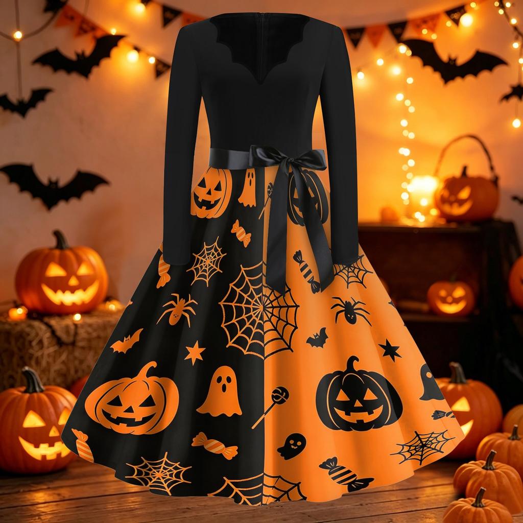 Womens Vintage V Neck Dress Halloween Print Long Sleeve Casual Retro Swing Dress with Waist Tie Belt and Flared Skirt for Party