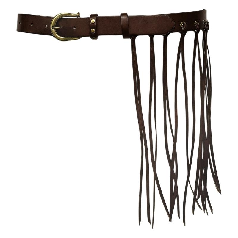 A52E Retro Industrial Stylish Strap With Copper Hardware And Flowing Tassels Adjustable Waist Belt For Daily Outfits