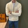 Men's Autumn & Winter Stand-Up Collar Patchwork Cardigan Sweater - Thick Cotton, Solid Color Knitwear