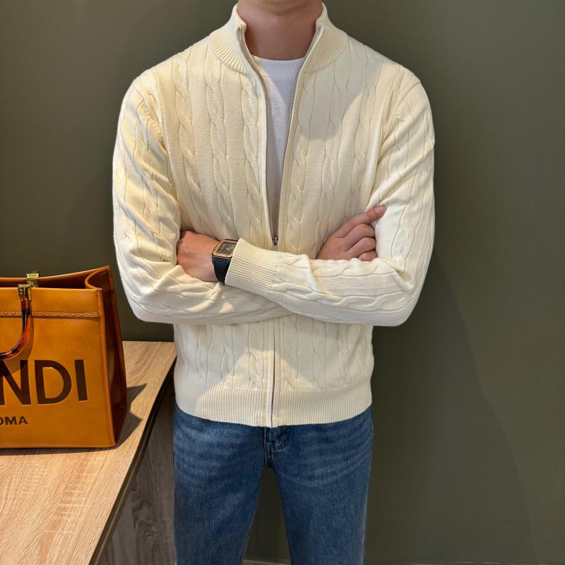 Men's Autumn & Winter Stand-Up Collar Patchwork Cardigan Sweater - Thick Cotton, Solid Color Knitwear