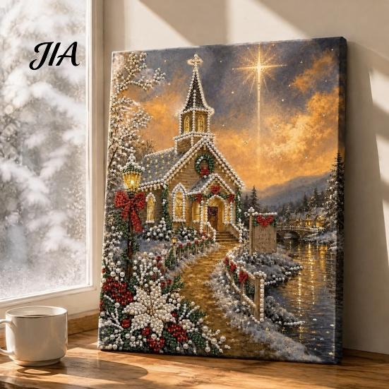 Stress Relief Hobbies Christmas Church Faux Pearl Art Kit, Painting DIY 15.75 Round Crafting x 11.81 Inch Beginners Craft for Adults, Relaxing