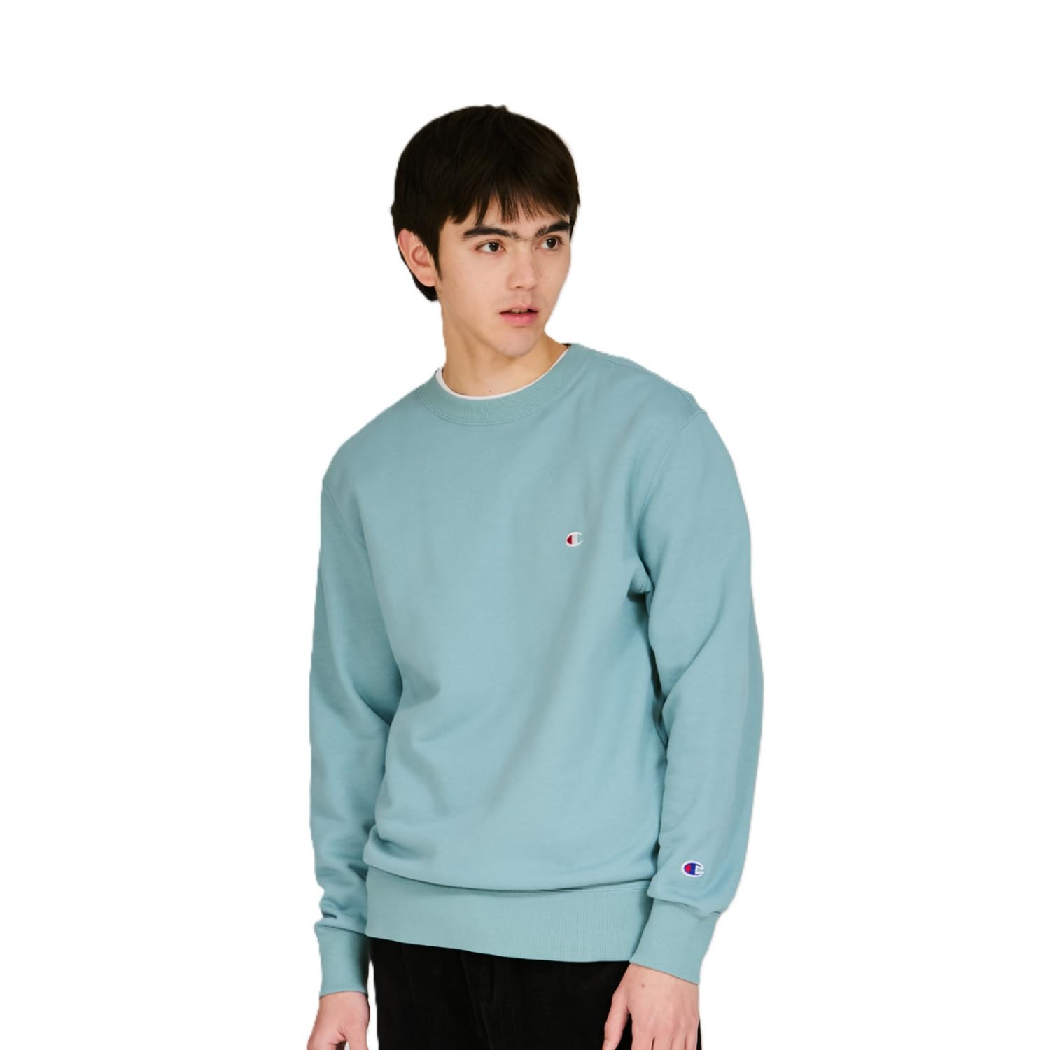 

Champion Men s Long Sleeve Fleece Crew Neck Sweatshirt with Embroidered Logo, Blue Mist Mint (C3-W001Z)