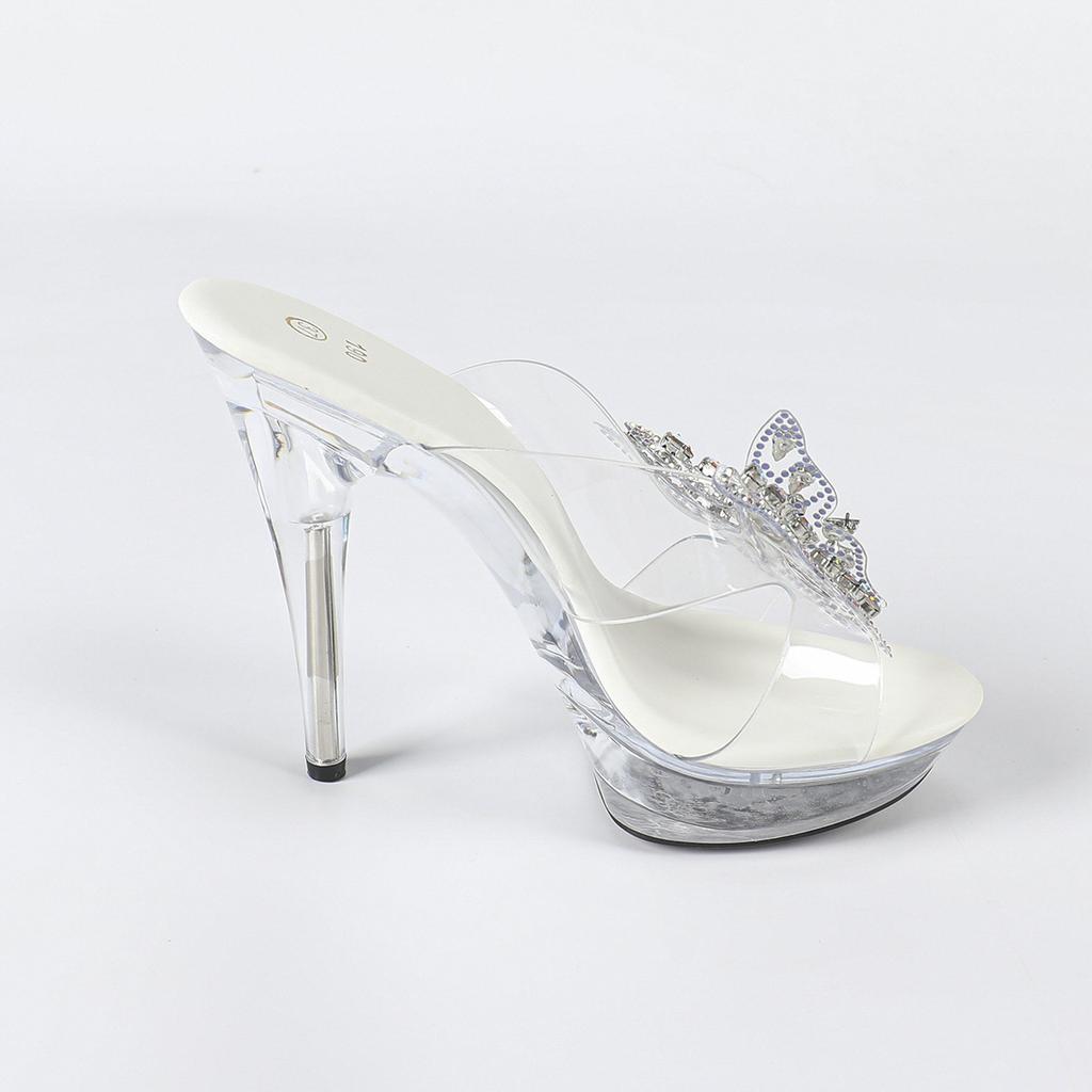 Rhinestone Sexy High Heel 13CM Thin Heel Waterproof Table Slippers Transparent Crystal Shoes Shoes Banquet High LFD-1099-Q22