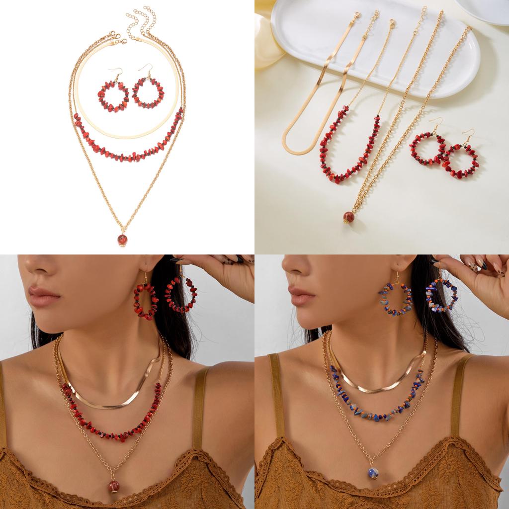 Einzigartiges Geometrisches Splitterstein Halsketten- und Ohrring-Set für Damen im mehrschichtigen Stil