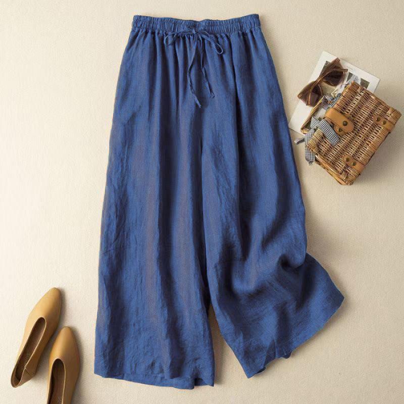 Women Spring Summer Chinese Style Cotton Linen Wide Leg Pants Retro Draped Loose Slim Casual Trousers